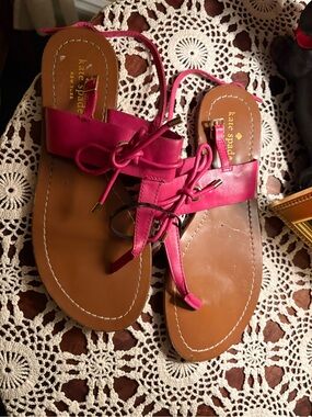 kate spade Hot Pink Leather Flat Sandals with Lace Accents